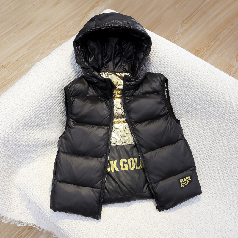 Sügis- ja talvevärvi uued mustad kuldsed lastevestid poistele ja tüdrukutele, mitmekülgsed püsiva temperatuuriga soojad vestid keskealistele ja vanematele lastele, kapuutsiga ülerõivad