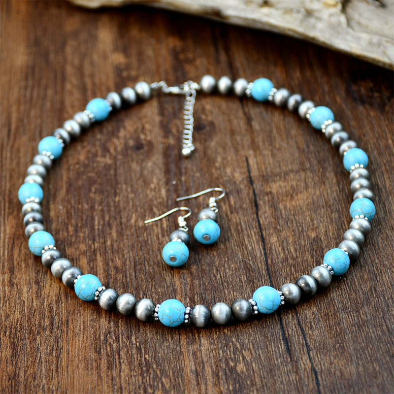 Euroopa ja Ameerika piiriülesed ehted türkiissinine kaelakee retro helmestega kõrvarõngad kampsuniketiga vintage keskaegne ehteülikond