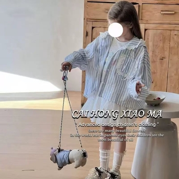 Tricou subțire de vară pentru fete, pentru copii mici, top elegant cu glugă, cu dungi simple, îmbrăcăminte la modă, cu protecție solară proaspătă