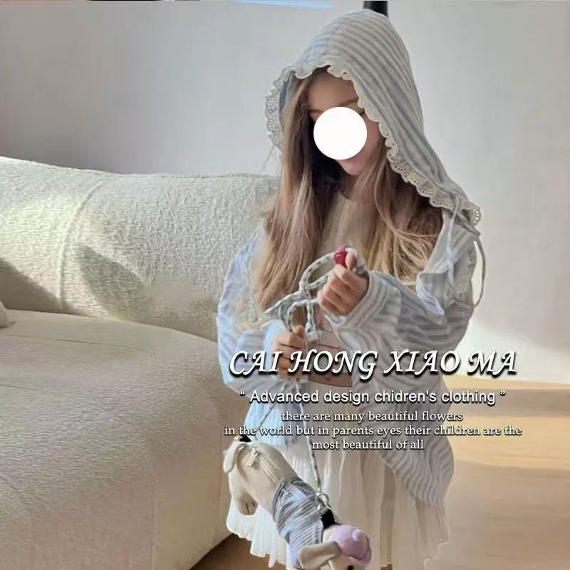 Tricou subțire de vară pentru fete, pentru copii mici, top elegant cu glugă, cu dungi simple, îmbrăcăminte la modă, cu protecție solară proaspătă