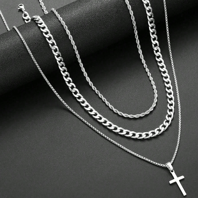 Cezhraničný horúci predaj z nehrdzavejúcej ocele, kubánska retiazka na kľúčnu kosť, dvojvrstvový krížový náhrdelník, módna retiazka na sveter, šarža výrobcu