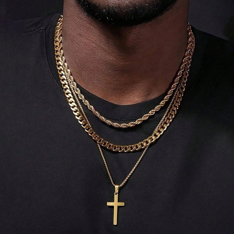 Cezhraničný horúci predaj z nehrdzavejúcej ocele, kubánska retiazka na kľúčnu kosť, dvojvrstvový krížový náhrdelník, módna retiazka na sveter, šarža výrobcu
