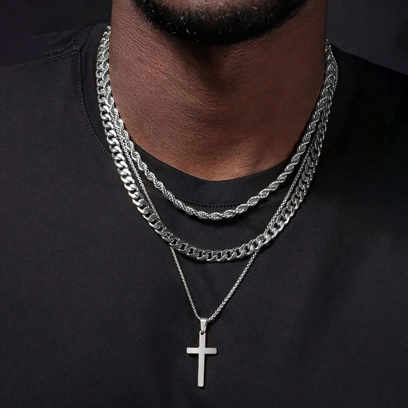 Cezhraničný horúci predaj z nehrdzavejúcej ocele, kubánska retiazka na kľúčnu kosť, dvojvrstvový krížový náhrdelník, módna retiazka na sveter, šarža výrobcu