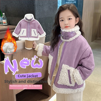 Djevojački novi dječji zimski top s flis podstavom iz 2024. Zimski kaput s krznom Thousand Fur One za djevojčice, ljubičasti