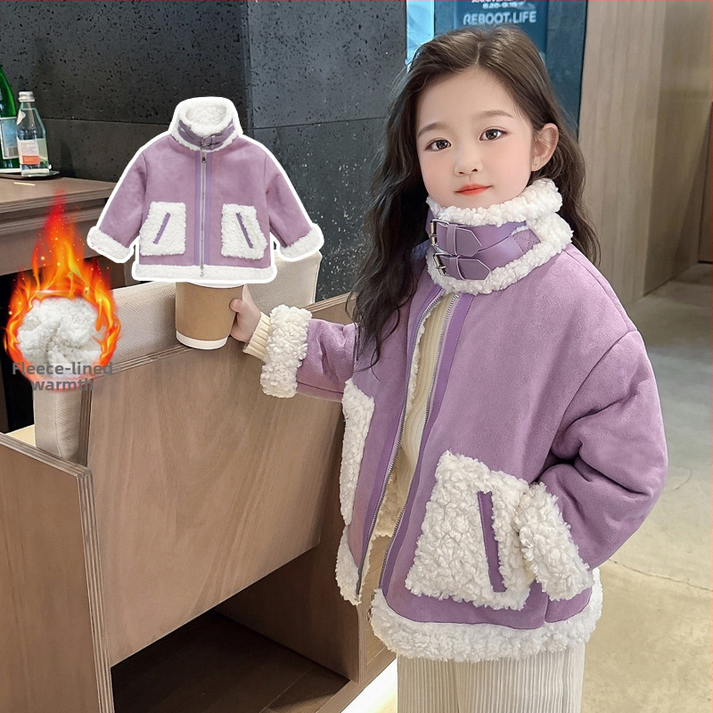 Детско зимно палто с полар, ново за момичета, 2024 г., цвят Flower Thousand Fur One Purple