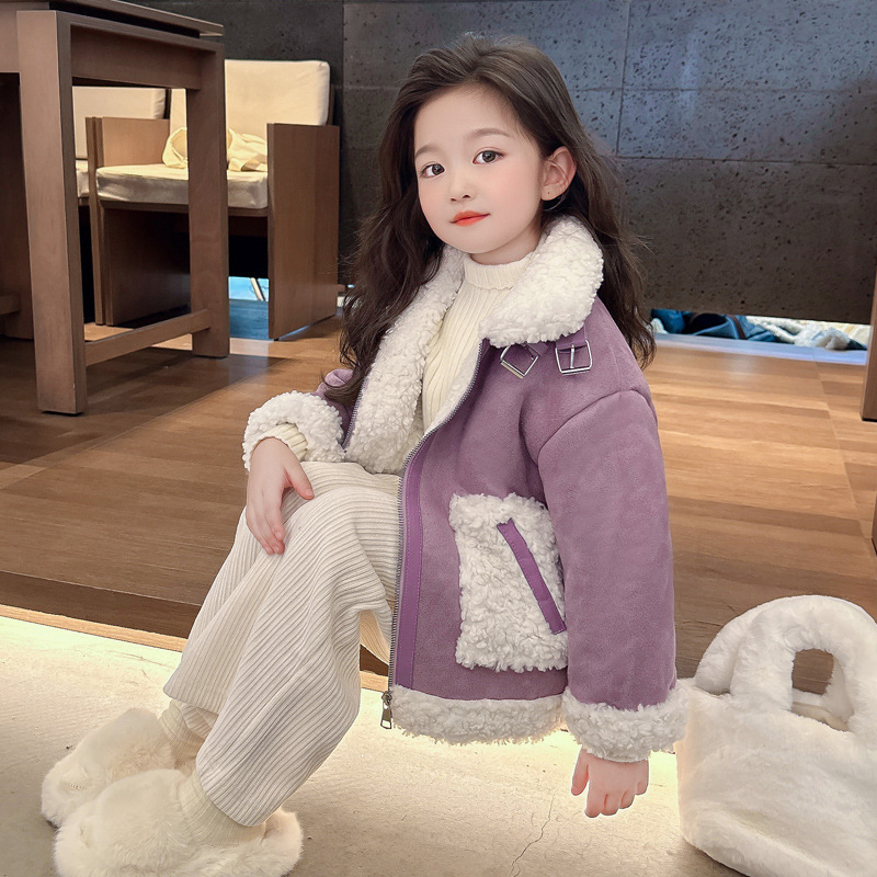 Djevojački novi dječji zimski top s flis podstavom iz 2024. Zimski kaput s krznom Thousand Fur One za djevojčice, ljubičasti