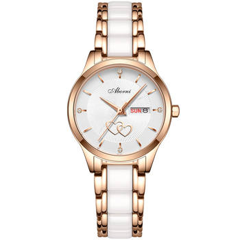 Γυναικείο Ρολόι Διπλό Ημερολόγιο Φωτιστικό Πολυτελείας Κομψό Κεραμικό Χαλαζία Γυναικείο Ρολόι Εξαιρετικά Λεπτό Μοντέρνο Αδιάβροχο Ρολόι Δώρου με Διπλή Καρδιά