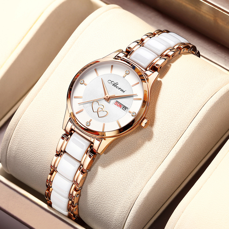 Γυναικείο Ρολόι Διπλό Ημερολόγιο Φωτιστικό Πολυτελείας Κομψό Κεραμικό Χαλαζία Γυναικείο Ρολόι Εξαιρετικά Λεπτό Μοντέρνο Αδιάβροχο Ρολόι Δώρου με Διπλή Καρδιά