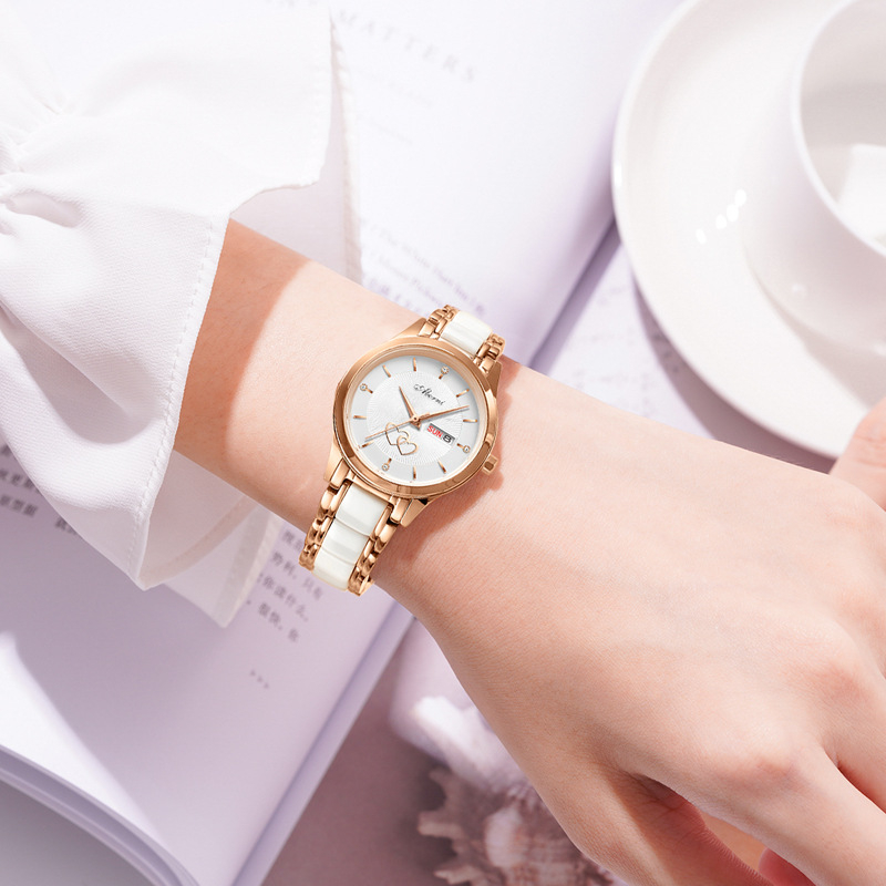 Γυναικείο Ρολόι Διπλό Ημερολόγιο Φωτιστικό Πολυτελείας Κομψό Κεραμικό Χαλαζία Γυναικείο Ρολόι Εξαιρετικά Λεπτό Μοντέρνο Αδιάβροχο Ρολόι Δώρου με Διπλή Καρδιά