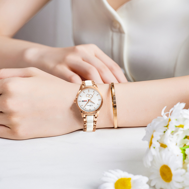 Γυναικείο Ρολόι Διπλό Ημερολόγιο Φωτιστικό Πολυτελείας Κομψό Κεραμικό Χαλαζία Γυναικείο Ρολόι Εξαιρετικά Λεπτό Μοντέρνο Αδιάβροχο Ρολόι Δώρου με Διπλή Καρδιά