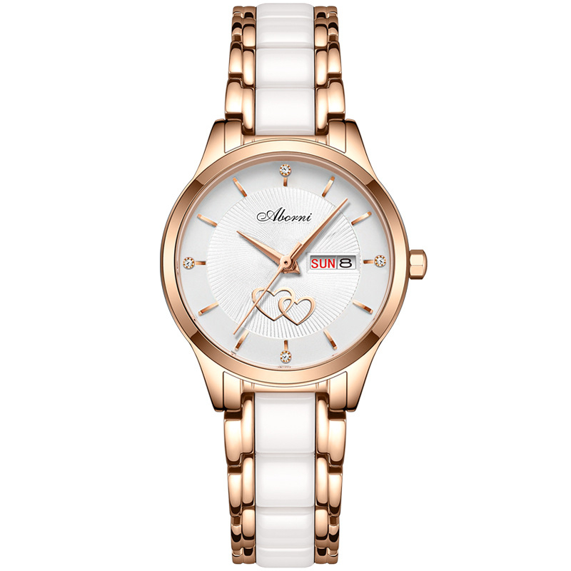 Γυναικείο Ρολόι Διπλό Ημερολόγιο Φωτιστικό Πολυτελείας Κομψό Κεραμικό Χαλαζία Γυναικείο Ρολόι Εξαιρετικά Λεπτό Μοντέρνο Αδιάβροχο Ρολόι Δώρου με Διπλή Καρδιά