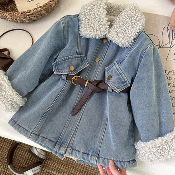Jachetă denim moale și căptușită cu fleece pentru fete, versiunea coreeană 2025, top îngroșat de lungime medie pentru copii, toamnă și iarnă, la modă