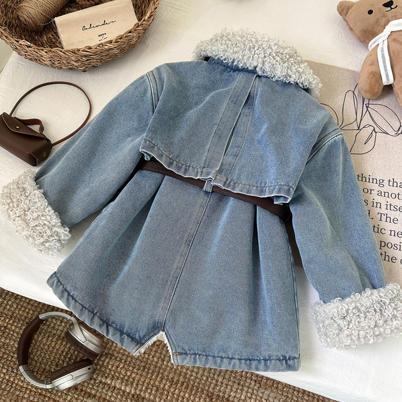 Jachetă denim moale și căptușită cu fleece pentru fete, versiunea coreeană 2025, top îngroșat de lungime medie pentru copii, toamnă și iarnă, la modă