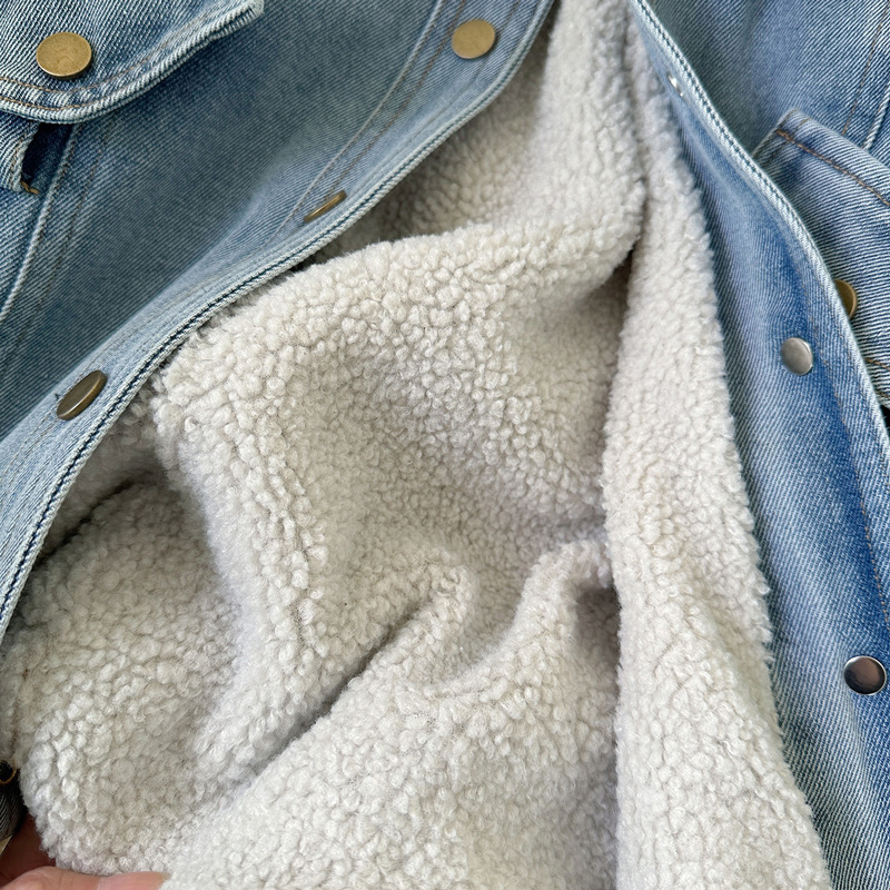 Jachetă denim moale și căptușită cu fleece pentru fete, versiunea coreeană 2025, top îngroșat de lungime medie pentru copii, toamnă și iarnă, la modă