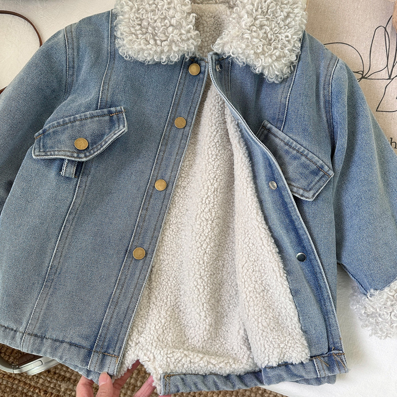 Jachetă denim moale și căptușită cu fleece pentru fete, versiunea coreeană 2025, top îngroșat de lungime medie pentru copii, toamnă și iarnă, la modă