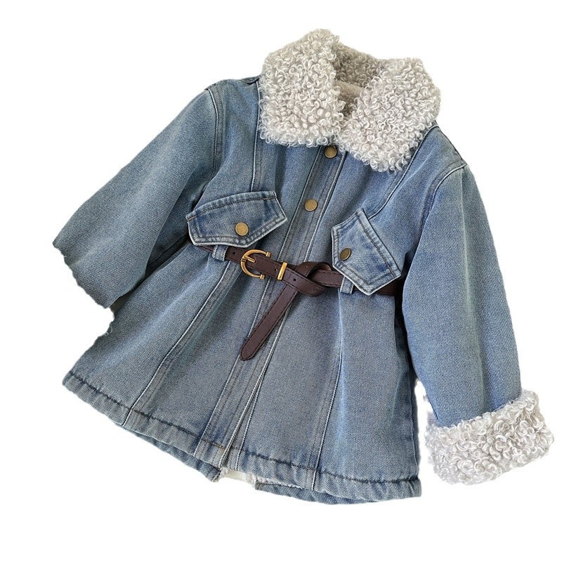 Jachetă denim moale și căptușită cu fleece pentru fete, versiunea coreeană 2025, top îngroșat de lungime medie pentru copii, toamnă și iarnă, la modă