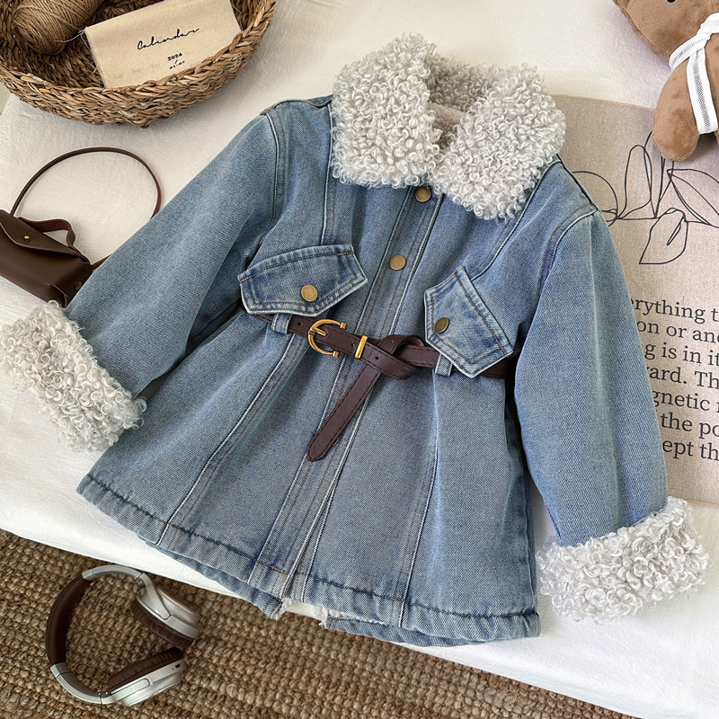 Jachetă denim moale și căptușită cu fleece pentru fete, versiunea coreeană 2025, top îngroșat de lungime medie pentru copii, toamnă și iarnă, la modă