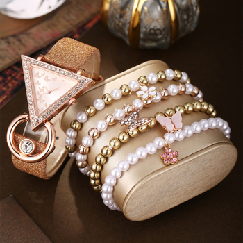 2025 Трансгранична гореща разпродажба с римска скала, пеперуда, обърнат триъгълен циферблат, кварцов часовник с перлена гривна с пеперуда