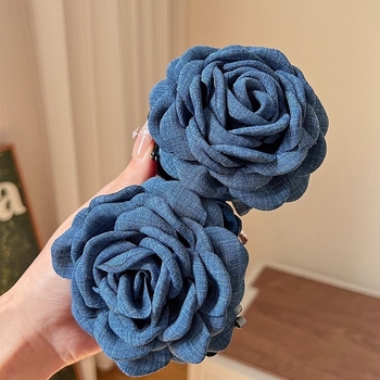 Vintage τζιν μπλε τριαντάφυλλο κλιπ λουλουδιών γυναικείας ιδιοσυγκρασίας χαμηλή φουρκέτα Marubeni κορεάτικο στυλ κεφαλής λουλούδι καρχαρία κλιπ