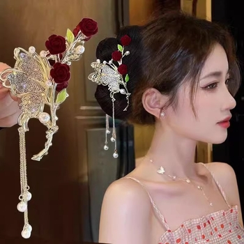 Γυναικείο κλιπ με φούντα Red Rose Flash Diamond Tassel Grab Clip High Sense για πίσω μαλλιά, κομψό κλιπ καρχαρία, φουρκέτα με μαργαριτάρια