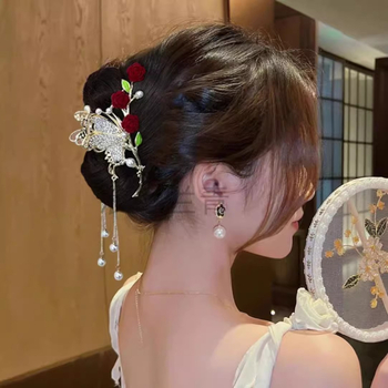 Γυναικείο κλιπ με φούντα Red Rose Flash Diamond Tassel Grab Clip High Sense για πίσω μαλλιά, κομψό κλιπ καρχαρία, φουρκέτα με μαργαριτάρια