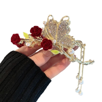 Γυναικείο κλιπ με φούντα Red Rose Flash Diamond Tassel Grab Clip High Sense για πίσω μαλλιά, κομψό κλιπ καρχαρία, φουρκέτα με μαργαριτάρια