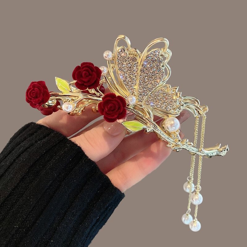 Agrafe de păr pentru femei, agrafe de păr cu ciucuri și diamant, cu trandafir roșu și fulger, elegante, cu ciucuri și perle, pentru spate, cu sens înalt