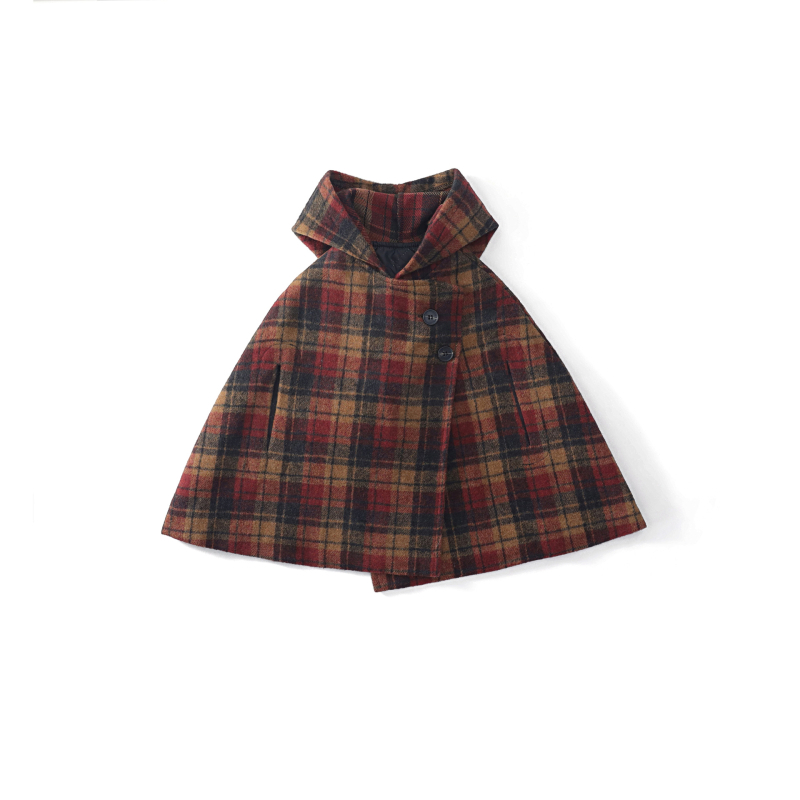 Djevojački kaput, šiljasti šešir, karirani pamučni zadebljani vuneni kaput, ogrtač, jesen i zima 2024., nova dječja odjeća vanjske trgovine