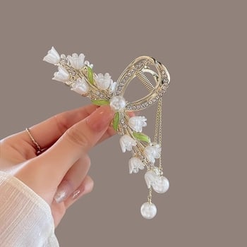 Свежа зелена щипка за коса, елегантна нова стилна щипка за коса, метална щипка за акула, зелена щипка с пискюл от листа, перлена щипка с кристали