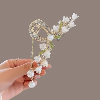 Свежа зелена щипка за коса, елегантна нова стилна щипка за коса, метална щипка за акула, зелена щипка с пискюл от листа, перлена щипка с кристали