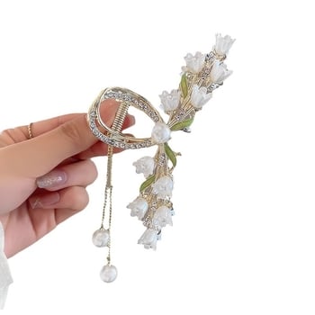 Свежа зелена щипка за коса, елегантна нова стилна щипка за коса, метална щипка за акула, зелена щипка с пискюл от листа, перлена щипка с кристали