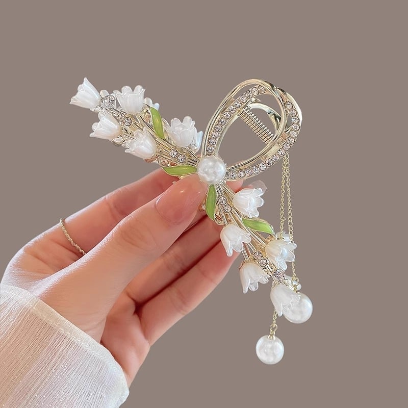 Свежа зелена щипка за коса, елегантна нова стилна щипка за коса, метална щипка за акула, зелена щипка с пискюл от листа, перлена щипка с кристали