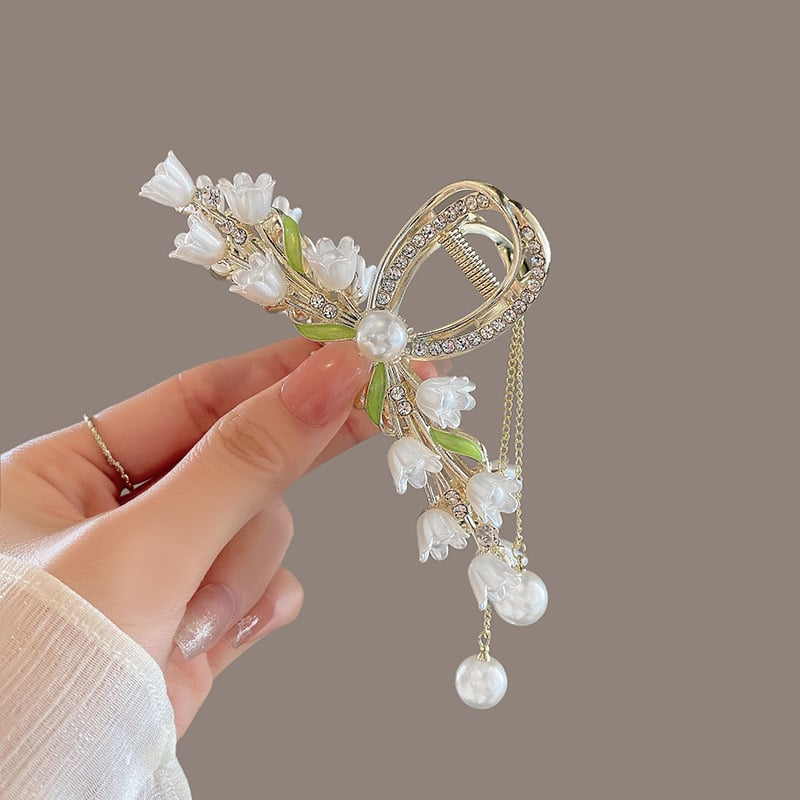 Свежа зелена щипка за коса, елегантна нова стилна щипка за коса, метална щипка за акула, зелена щипка с пискюл от листа, перлена щипка с кристали