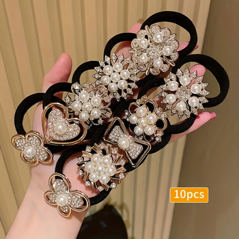 10 gabalėlių cirkonio imitacijos plaukų juostų, pasižyminčių prabangiu pojūčiu, madingais arklio uodegos ryšuliais, mieli, elastingi, paprasti ir elegantiški moterims