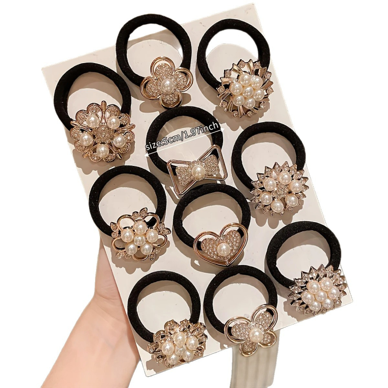 10 gabalėlių cirkonio imitacijos plaukų juostų, pasižyminčių prabangiu pojūčiu, madingais arklio uodegos ryšuliais, mieli, elastingi, paprasti ir elegantiški moterims