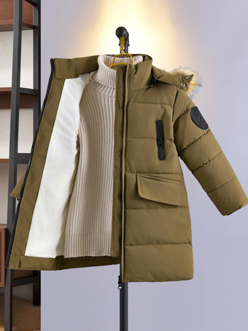 Παιδικό μπουφάν μεσαίου μήκους με βαμβακερή επένδυση σε κορεατικό στιλ, με χοντρό και αφράτο γιακά, χειμωνιάτικο παλτό για κορίτσια, αγόρια, διπλό τράβηγμα στο κεφάλι, μακρύ μέχρι το γόνατο