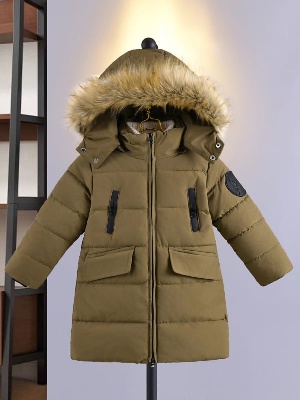 Παιδικό μπουφάν μεσαίου μήκους με βαμβακερή επένδυση σε κορεατικό στιλ, με χοντρό και αφράτο γιακά, χειμωνιάτικο παλτό για κορίτσια, αγόρια, διπλό τράβηγμα στο κεφάλι, μακρύ μέχρι το γόνατο