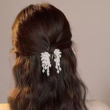 Clip mic cu mărgele albe pentru artificii, Super Zână, personalitate dulce, cu coadă de cal pe jumătate legată, tip rechin, accesoriu de cap