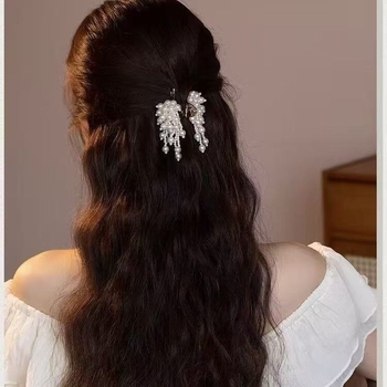 Clip mic cu mărgele albe pentru artificii, Super Zână, personalitate dulce, cu coadă de cal pe jumătate legată, tip rechin, accesoriu de cap