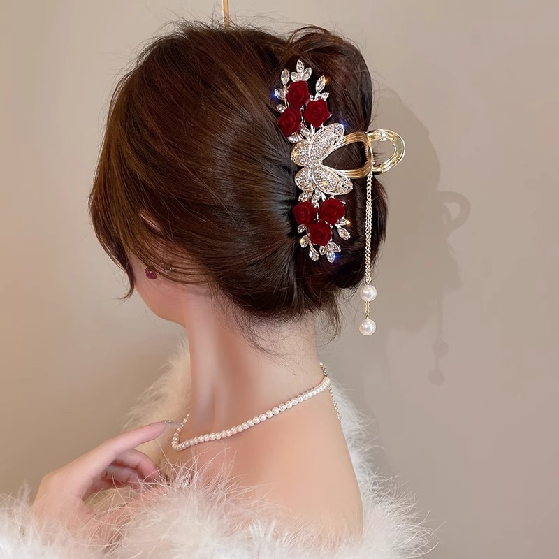 Iidse stiiliga punase roosi liblikaga tutiga juukseklamber naistele, pea tagaküljele suur haaratsklamber, tipptasemel haikalaga peakate