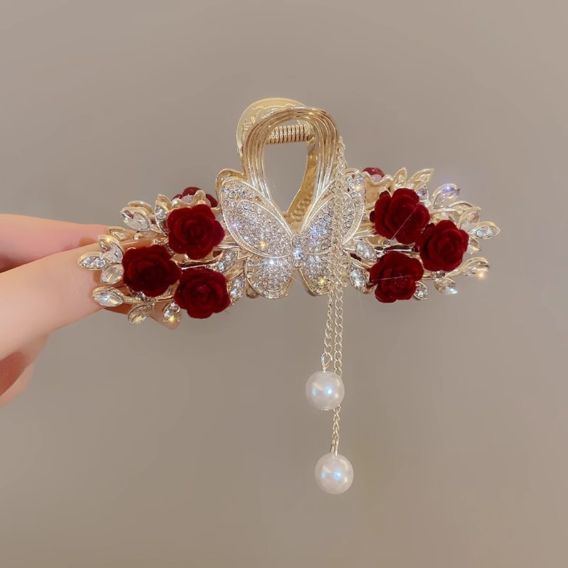 Iidse stiiliga punase roosi liblikaga tutiga juukseklamber naistele, pea tagaküljele suur haaratsklamber, tipptasemel haikalaga peakate