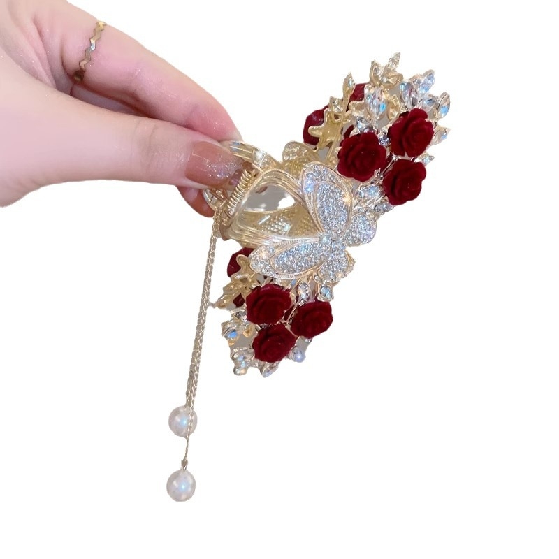Iidse stiiliga punase roosi liblikaga tutiga juukseklamber naistele, pea tagaküljele suur haaratsklamber, tipptasemel haikalaga peakate