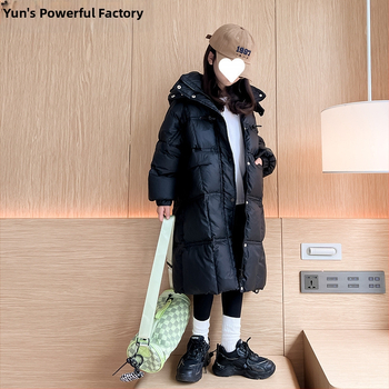 Meiteņu dūnu jaka, gara, 2023. gada, jauna, sieviešu, moderna, sabiezināta ceļgala 90. līmeņa, balta, pīles dūnu ziemas mētelis, moderns