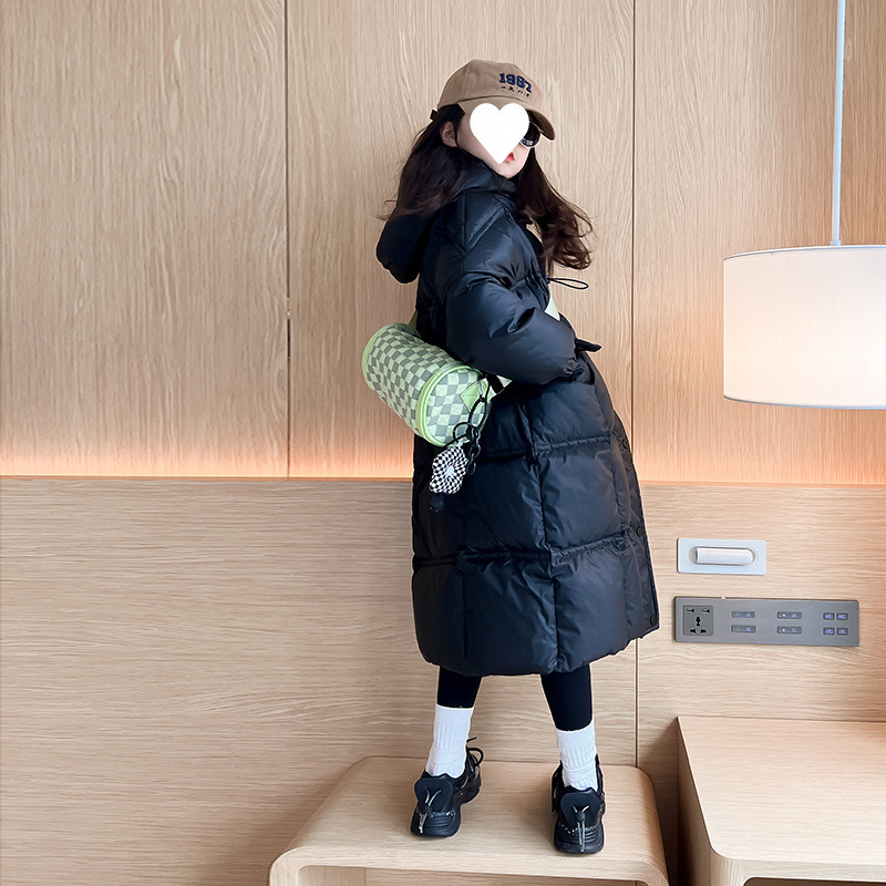 Meiteņu dūnu jaka, gara, 2023. gada, jauna, sieviešu, moderna, sabiezināta ceļgala 90. līmeņa, balta, pīles dūnu ziemas mētelis, moderns