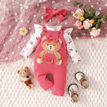 Baba virágos hosszú ujjú háromszög ruhák rajzfilm medve baba pántos nadrág hajpántos kosztüm kordbársony egyszínű nadrág