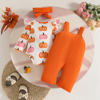 2025. aasta beebi halloweeni kombinesoon, beebitüdruku kõrvitsamustriga koomiksiga tikitud velvetist püksid, pikkade varrukatega rakmed