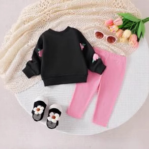 Σετ δύο τεμαχίων μονόχρωμο παντελόνι με τρισδιάστατη κεντημένη μπλούζα με λουλούδια και στρογγυλή λαιμόκοψη, με τις καλύτερες πωλήσεις σε διασυνοριακό εξωτερικό εμπόριο, για κορίτσια, φθινοπωρινές και χειμερινές κυκλοφορίες, σε Ευρώπη και Αμερική.