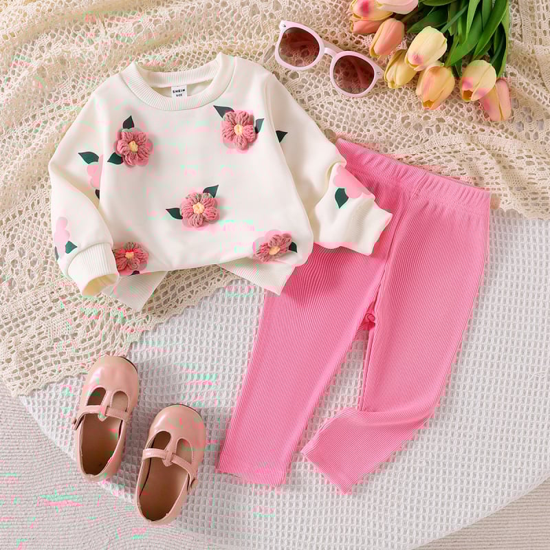 Set de două piese pentru fete, cu guler rotund, tridimensional, brodat cu flori, hanorac, culoare solidă, pantaloni, în comerț exterior transfrontalier, cel mai bine vândut în Europa și America, toamna și iarna