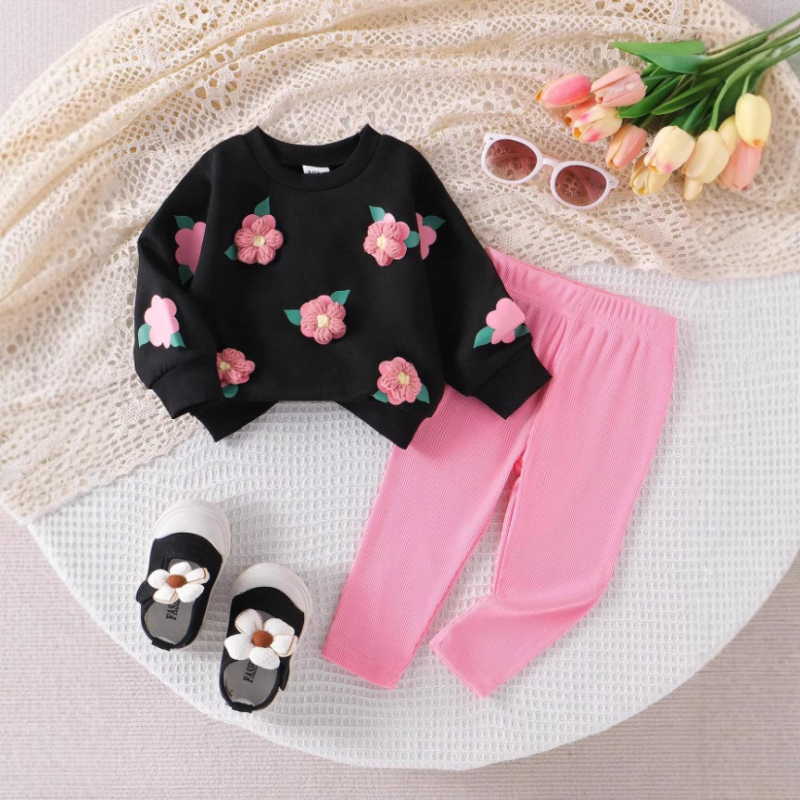 Set de două piese pentru fete, cu guler rotund, tridimensional, brodat cu flori, hanorac, culoare solidă, pantaloni, în comerț exterior transfrontalier, cel mai bine vândut în Europa și America, toamna și iarna