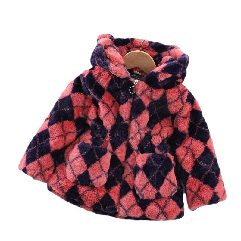 Ārējās tirdzniecības bērnu apģērbs meiteņu mētelis rudens un ziemas Jauns meiteņu vilnas džemperis bērnu mākslīgās kažokādas ausis sabiezēts stepēts mētelis